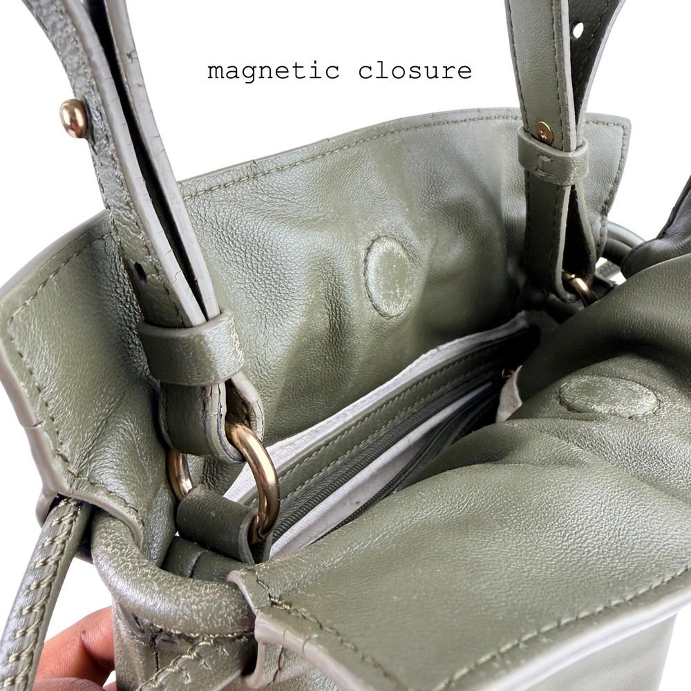 Sam Edelman Olive Green Leather Drawstring Bucket Bag Magnetic Closure Handbag - Picture 6 of 10
